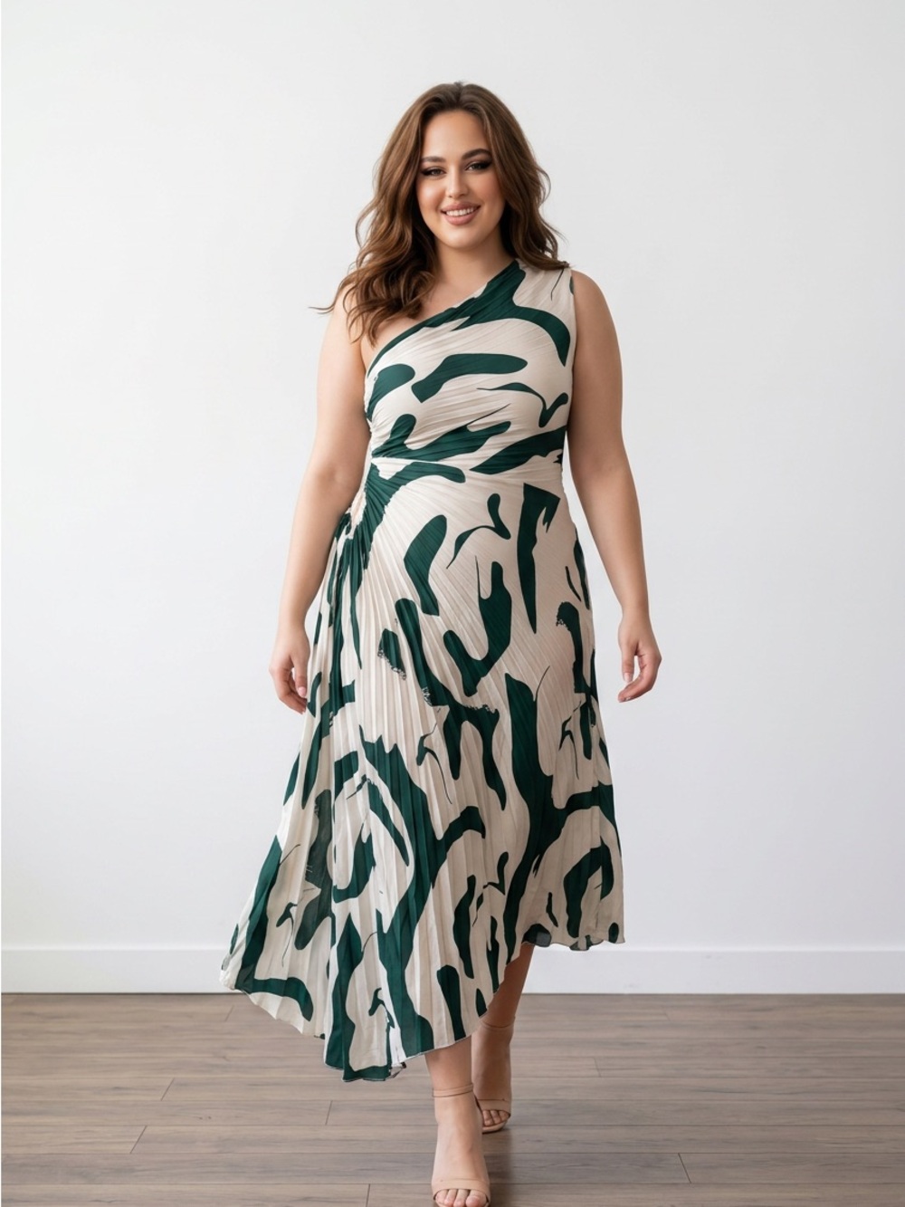 SHEIN Green and Cream Asymmetrical Midi Dress